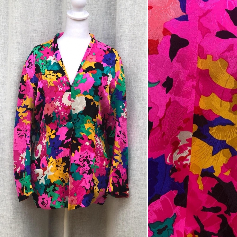Flora Kung New York silk long sleeve multicolor  colorful floral jacket blazer